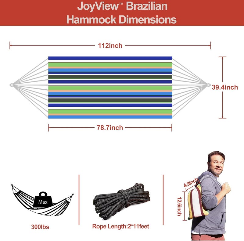 JoyView Brazilian Hammock for Single Person Portable Hammock with Hanging Ropes & Carry Bag Large 78.8x39.4” for Patio 300LBS Capacity Perfect for Outdoor/Indoor - Blue & Green Stripes - Image 2